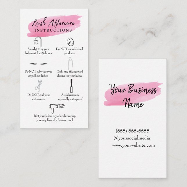 Aftercare Instructions Lash Pink Watercolor Business Card (Front/Back)