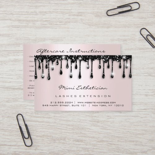 Aftercare Instructions Lash Rose Glitter DripBlack Business Card
