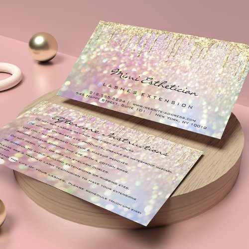 Aftercare Instructions Lash Rose Gold Drip Glitter Business Card