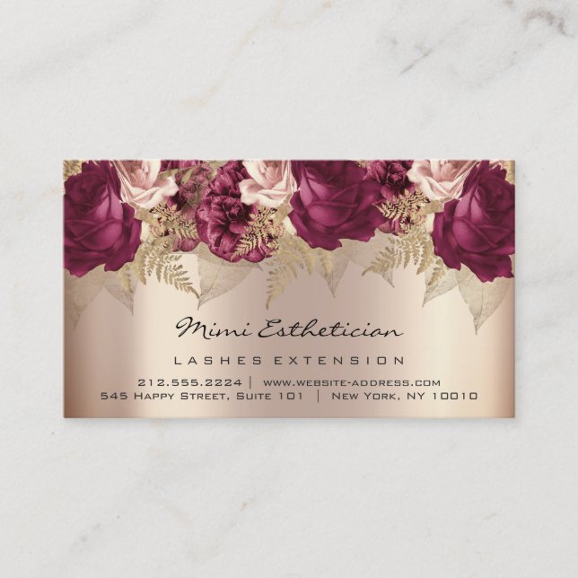 Aftercare Instructions Lash Rose Gold Florals SPA Business Card (Front)