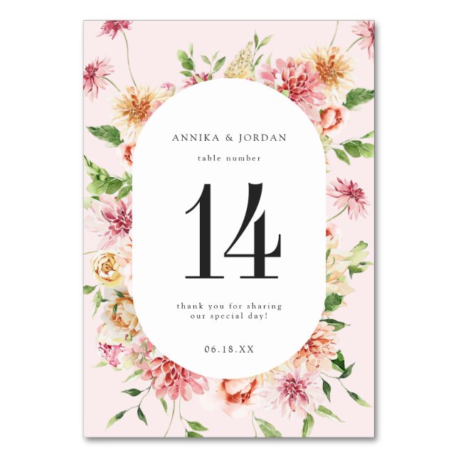 Afterglow Garden Floral Wedding Table Number (Front)