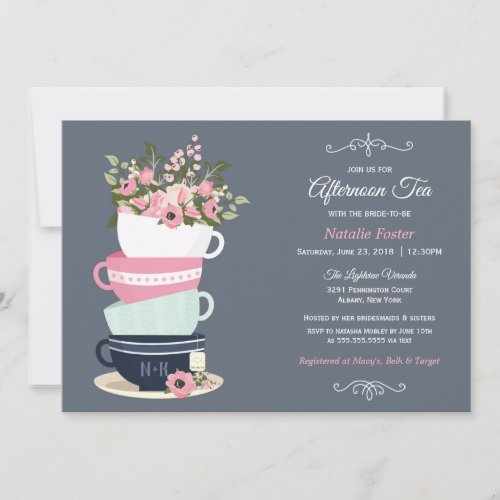 Afternoon Tea Bridal Shower Invitation  Blue Pink