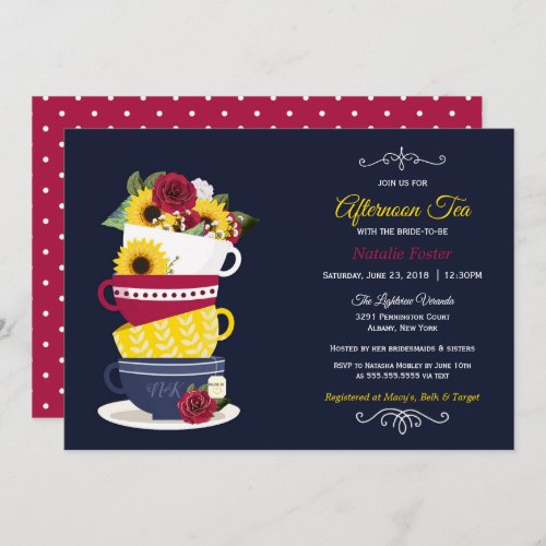 Afternoon Tea Bridal Shower Navy Roses Sunflowers Invitation