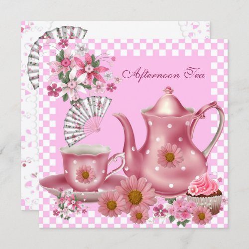 Afternoon Tea Cupcake Pink Floral Teapot Fan Invitation