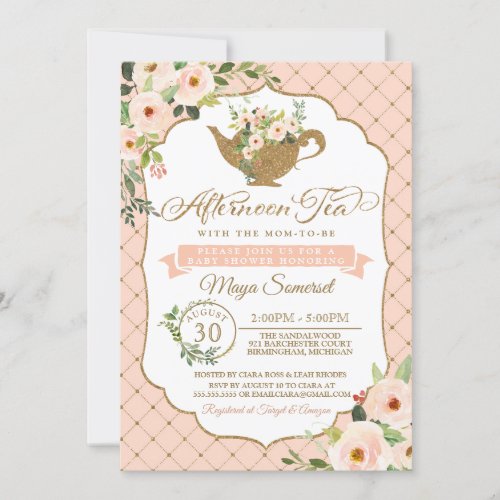 Afternoon Tea Luxury Blush Pink Floral Baby Shower Invitation