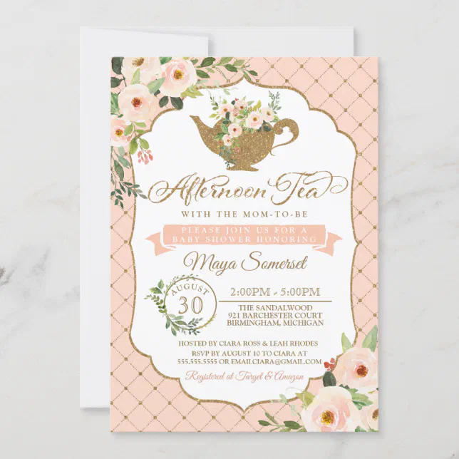 Afternoon Tea Luxury Blush Pink Floral Baby Shower Invitation | Zazzle