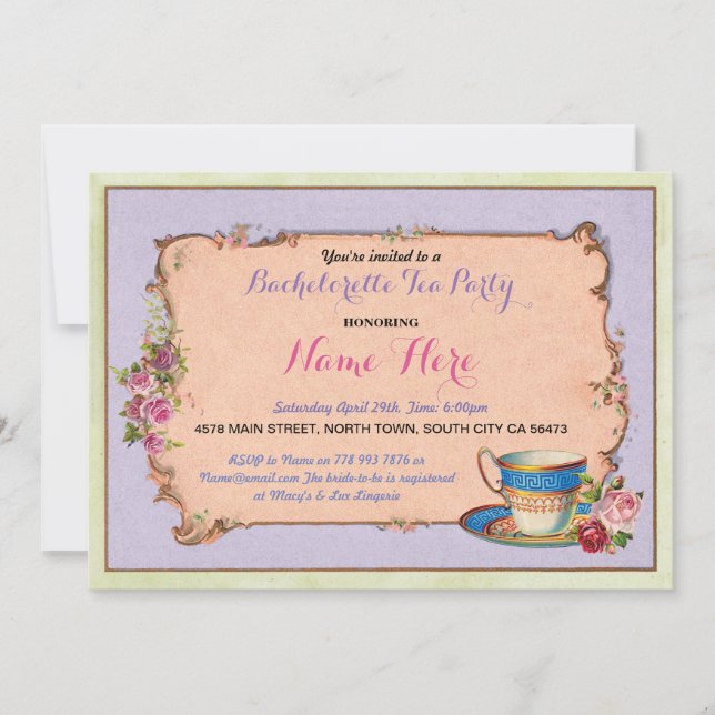 Afternoon Tea Party Bachelorette Purple Invite (Front)