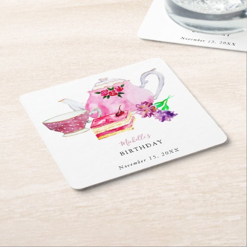 Afternoon Tea Party Birthday Script Elegant Pink Square Paper Coaster