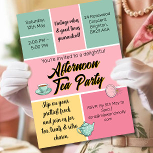 Afternoon tea party fifties style retro vibes invitation