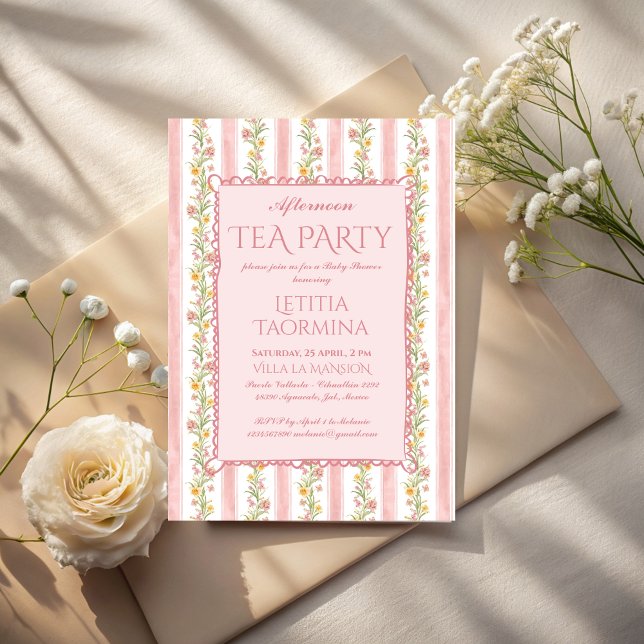 Afternoon tea party grandmillenial baby shower invitation (Afternoon tea party grandmillenial baby shower invitation cards template stripped retro invites)