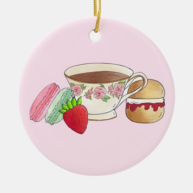 Afternoon Tea Party Macarons Teacup Cream Scone Ceramic Ornament (Front)