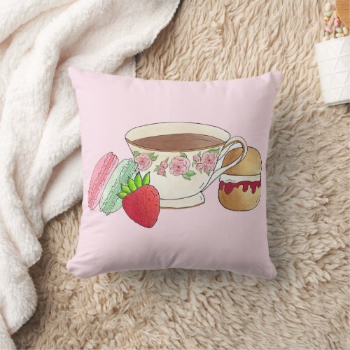 Afternoon Tea Party Macarons Teacup Cream Scone Throw Pillow