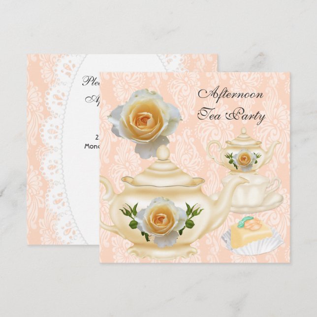 Afternoon Tea Party Peach Coral Floral Teapot Invitation (Front/Back)