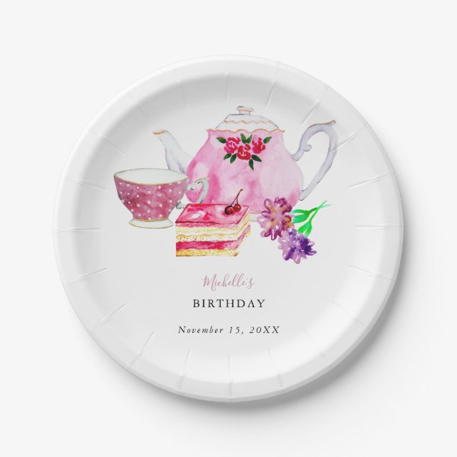 Afternoon Tea Party Script Elegant Pink Birthday  Paper Plates (Front)