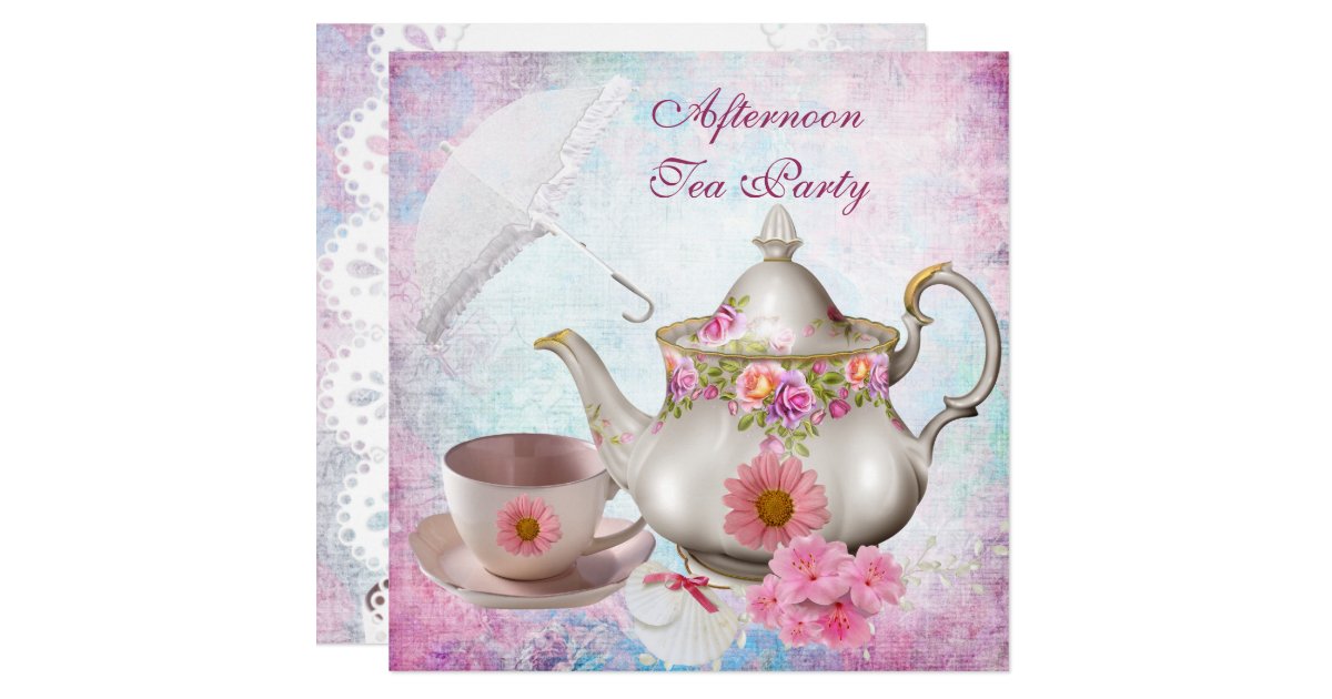Afternoon Tea Party Umbrella Pink Floral Teapot Invitation