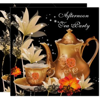 Afternoon Tea Party Vintage black gold Teapot Invitation