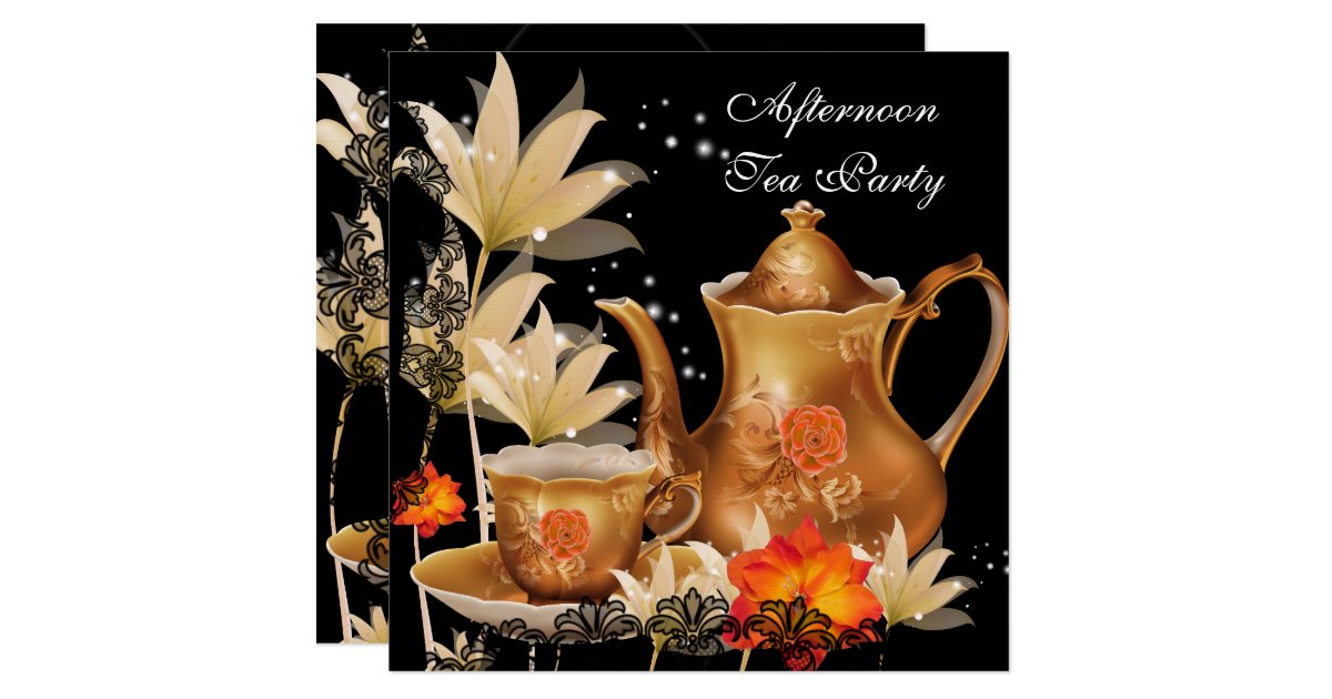Afternoon Tea Party Vintage Black Gold Teapot Invitation Zazzle Com