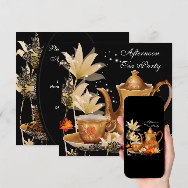 Afternoon Tea Party Vintage black gold Teapot Invitation | Zazzle