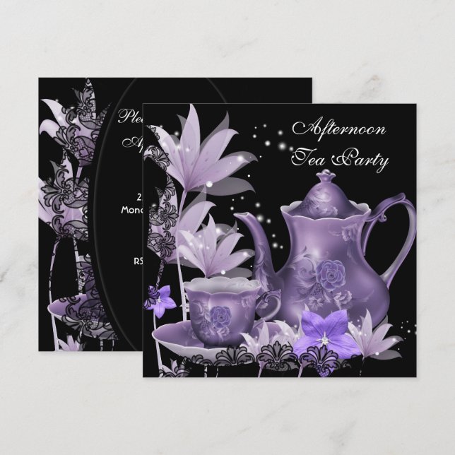 Afternoon Tea Party Vintage black Purple Teapot Invitation (Front/Back)