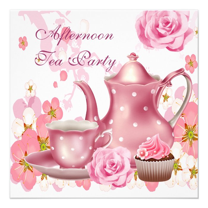 Afternoon Tea Party Vintage Pink Rose Teapot Personalized Invitation