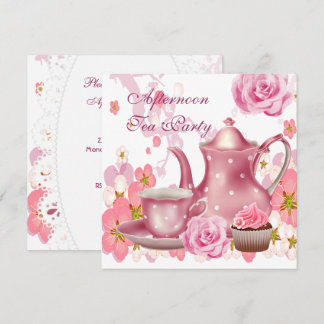 Afternoon Tea Party Vintage Pink Rose Teapot Invitation
