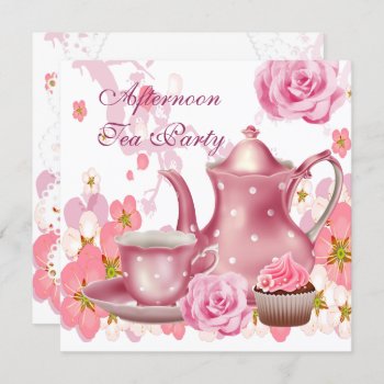 Afternoon Tea Party Vintage Pink Rose Teapot Invitation by Zizzago at Zazzle