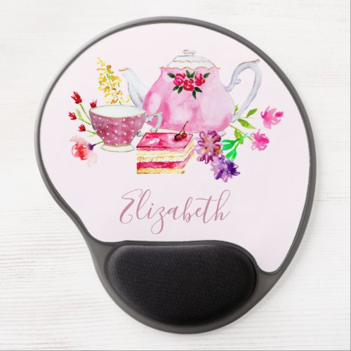 Afternoon Tea Party Watercolor Personalized Script Gel Mouse Pad