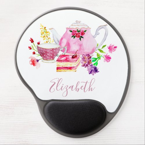 Afternoon Tea Party Watercolor Personalized Script Gel Mouse Pad