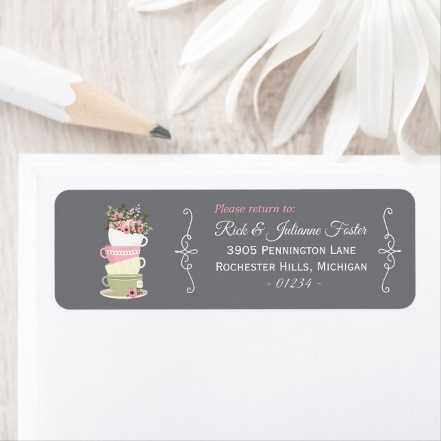 Afternoon Tea Stacked Cups Shower Return Address L Label (Insitu)