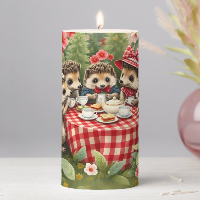 Afternoon Tea with Hedgehogs in Country Garden Pillar Candle (In Situ)