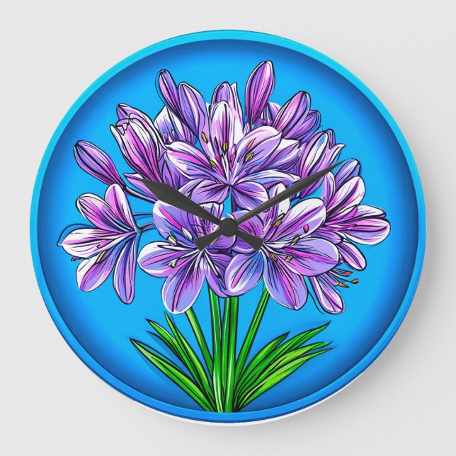 Agapanthus flower Elegant Blue Floral Botanical Large Clock (Front)