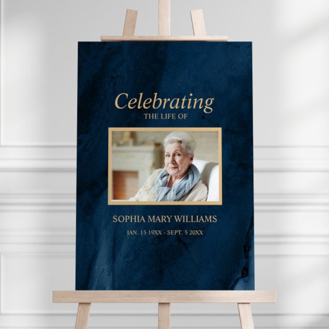 Agat Blue & Gold Calligraphy Funeral Welcome Sign (Creator Uploaded)