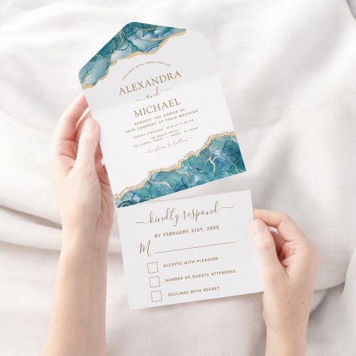 Agate Aqua Turquoise Blue Gold Wedding RSVP All In One Invitation