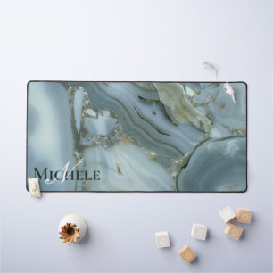 Agate Baby Blue Gold Marble Custom Name Letter Desk Mat