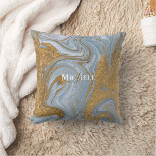 Agate Baby Blue Gold Marble Custom Name Letter Throw Pillow