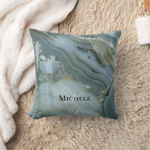 Agate Baby Blue Gold Marble Custom Name Letter Throw Pillow