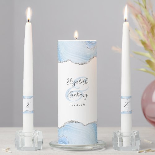 Agate Baby Blue Silver Script Wedding Unity Candle Set