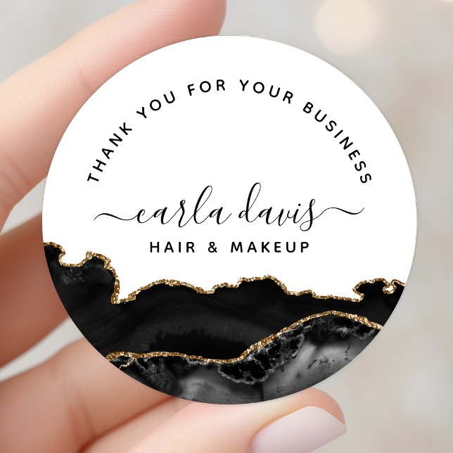 Agate Black And Gold Marble Business Thank You Classic Round Sticker (Creator Uploaded)