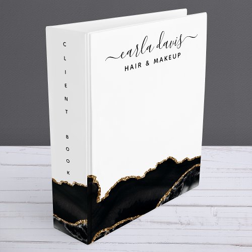 Agate Black And Gold Marble Client Book 3 Ring Binder
