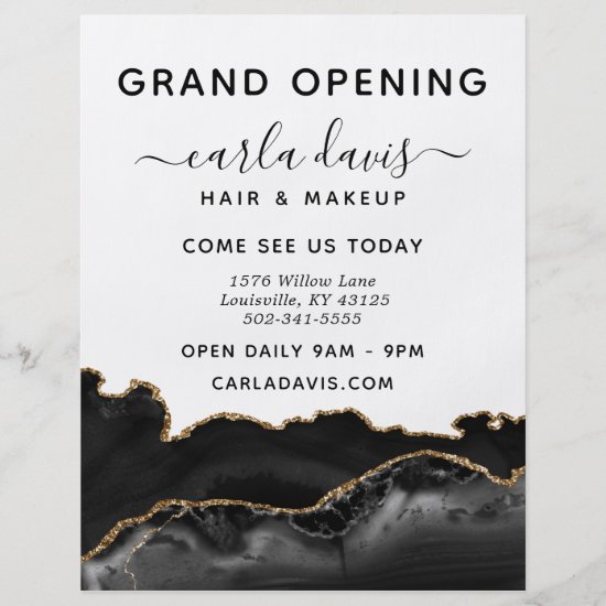 Agate Black And Gold Marble Salon Grand Opening Flyer