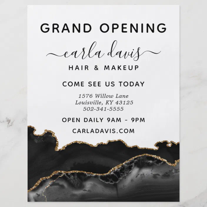Personalized Agate Black And Gold Marble Salon Grand Opening Flyer Zazzle Com
