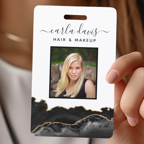 Agate Black And Gold Marble Salon ID Badge