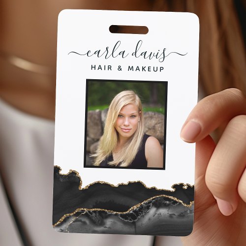 Agate Black And Gold Marble Salon Id Badge