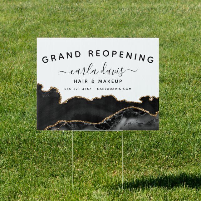 Agate Black And Gold Marble Salon Reopening Sign (Insitu)