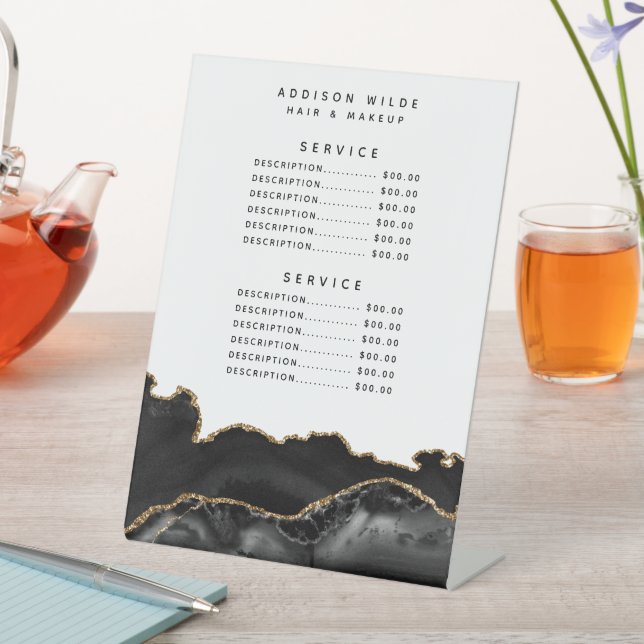 Agate Black And Gold Marble Service Price Pedestal Sign (In SItu)