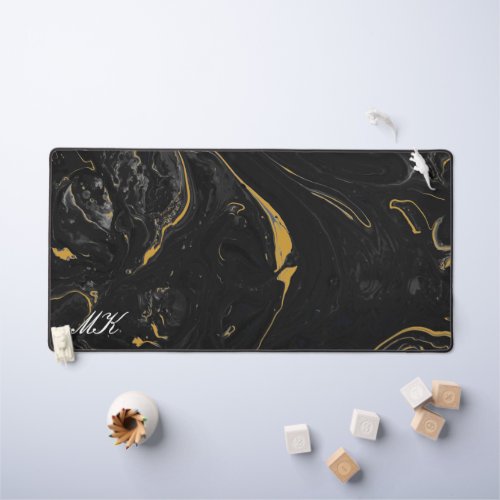 Agate Black and Gold Marble Swirl Desk Mat