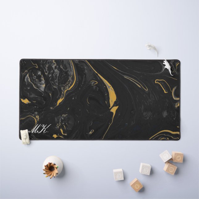 Agate Black and Gold Marble Swirl Desk Mat (Kids Table)