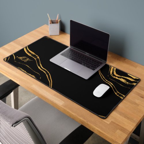 Agate Black and gold Marble swirl Desk Mat