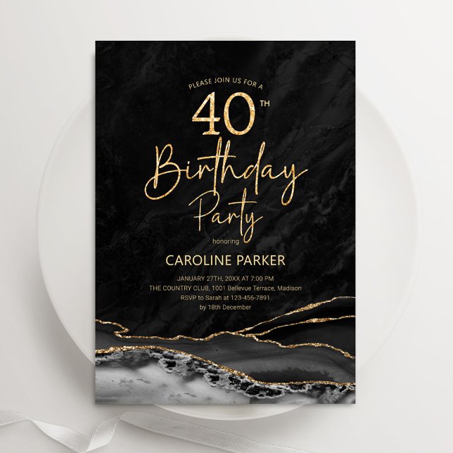 Agate Black Gold 40th Birthday Invitation (Creator Uploaded)