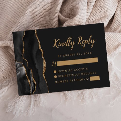 Agate Black Gold Brush Script Wedding RSVP Card